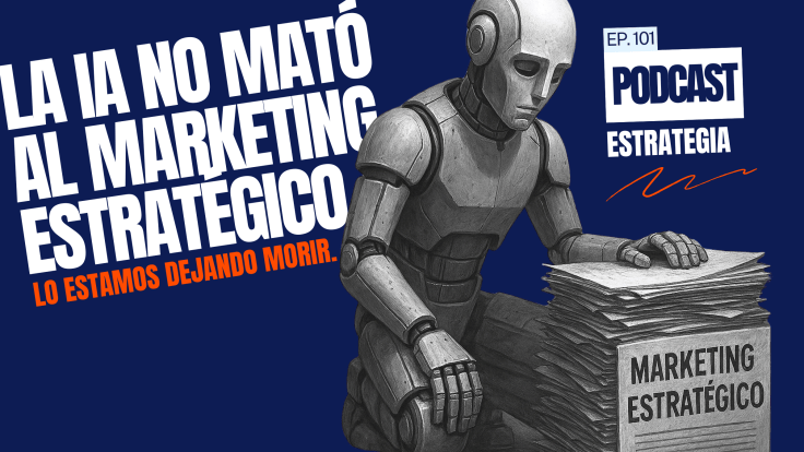 Robot con expresión seria sentado junto a una pila de documentos que dicen “Marketing Estratégico”, con el texto “La IA no mató al marketing estratégico. Lo estamos dejando morir.” Episodio 101 del podcast de Alfonso De Alba.