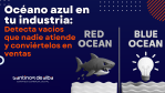 Estrategia Océano Azul versus Océano Rojo representada en ilustración 3D: un tiburón agresivo frente a una bombilla que simboliza innovación y creación de nuevos mercados.